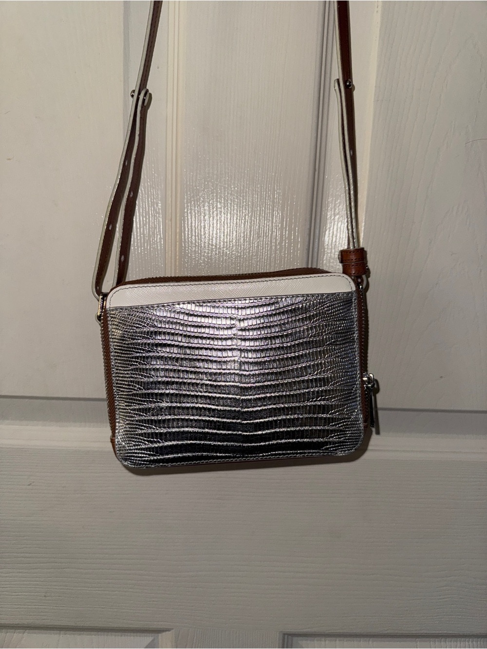 Brahmin Silver Metallic Brown Leather Lizard Embossed Crossbody Organizer Bag - Picture 4 of 15